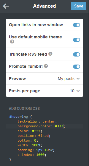 Tumblr's Advanced Options- under Edit Theme